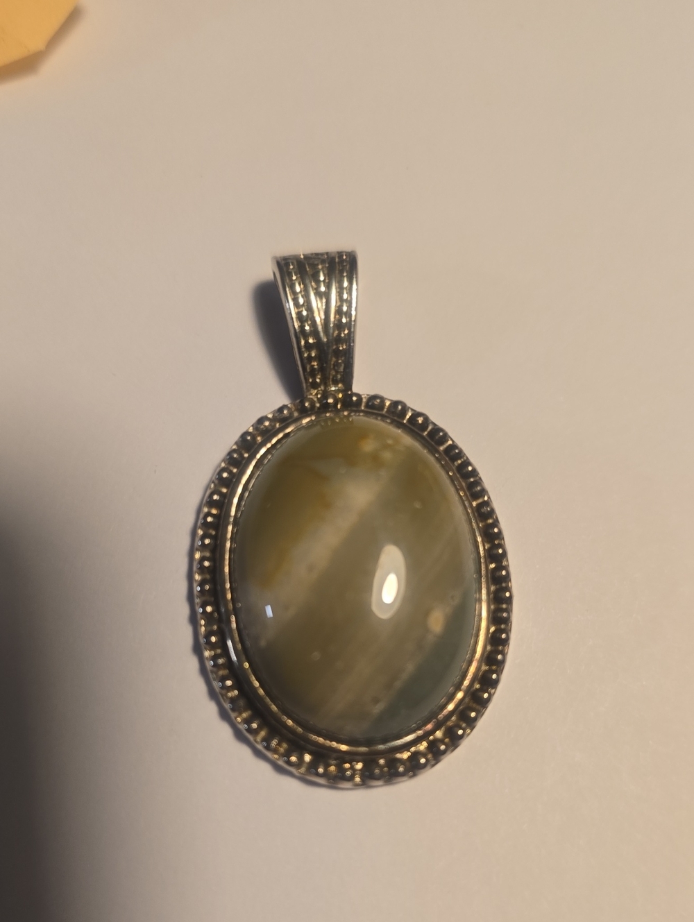 Oval Green-Beige Stone Pendant Necklace in Silver-Tone Setting